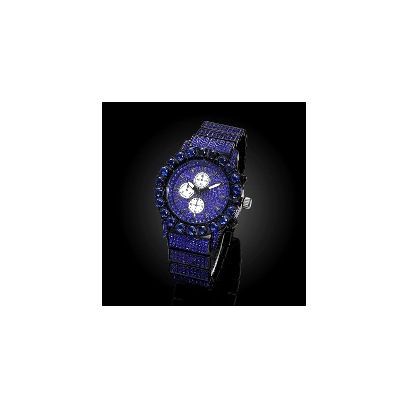 Helloice Reloj luminoso para hombre con talla redonda y zafiro helado en oro negro