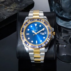 Helloice Reloj para hombre con correa de dos tonos y visualización de fecha con corte baguette