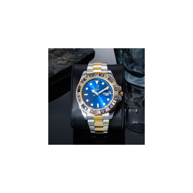 Helloice Reloj para hombre con correa de dos tonos y visualización de fecha con corte baguette