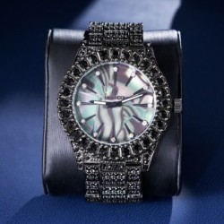 Helloice Reloj de pulsera con esfera de concha marina totalmente helada en oro negro