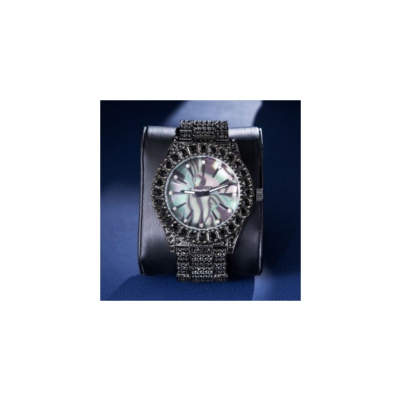 Helloice Reloj de pulsera con esfera de concha marina totalmente helada en oro negro