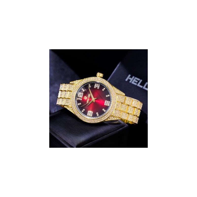 Helloice Reloj de lujo con esfera de números romanos de rubí helado