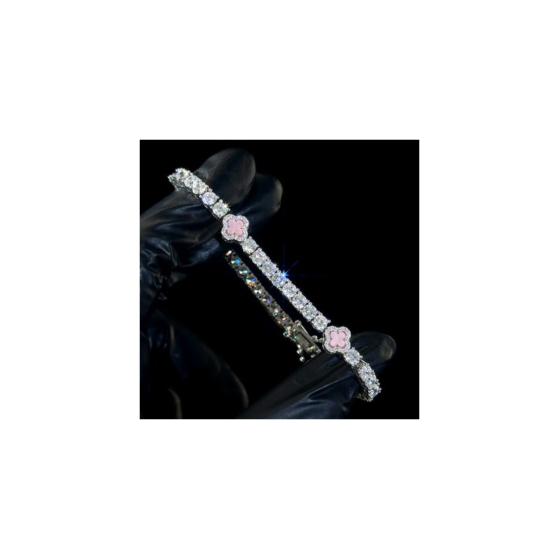 Helloice Pulsera de tenis con trébol de cuatro hojas rosa hielo en oro blanco