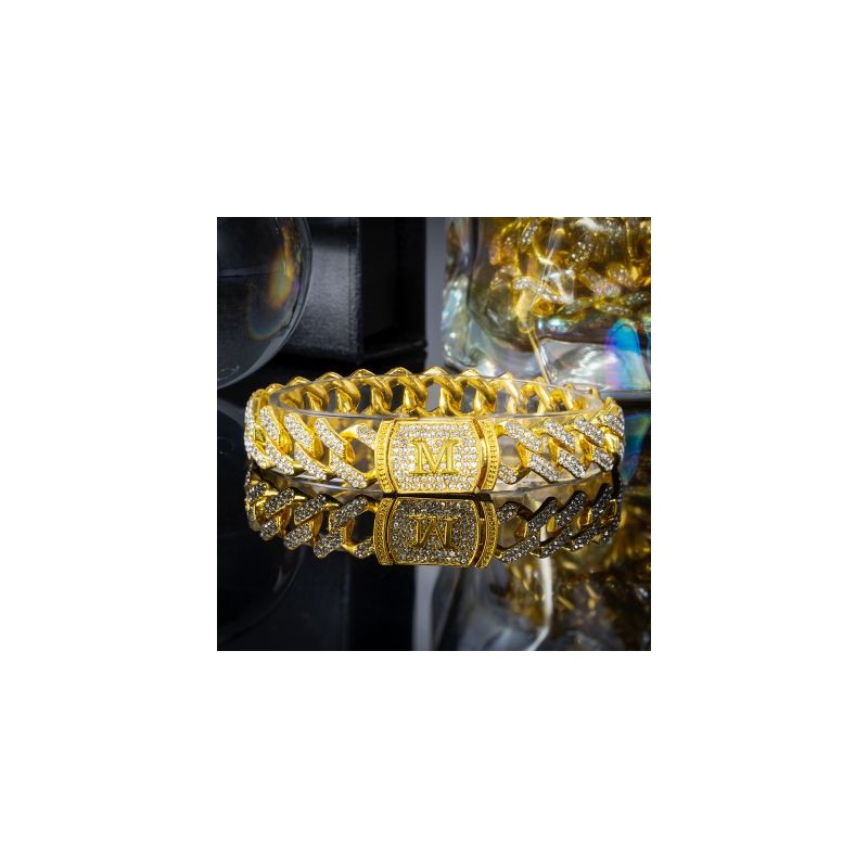 Helloice 12mm 8" Pulsera Cubana con Letras Iniciales de Diamantes en  Oro