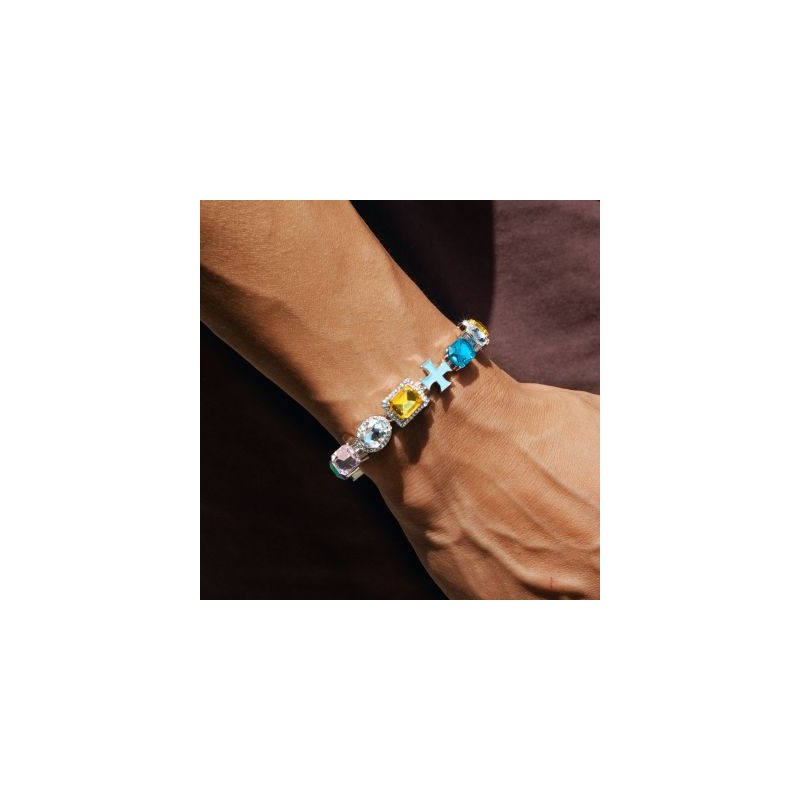 Helloice Brazalete con cruz esmaltada de diamantes multicolores de 10 mm en oro blanco