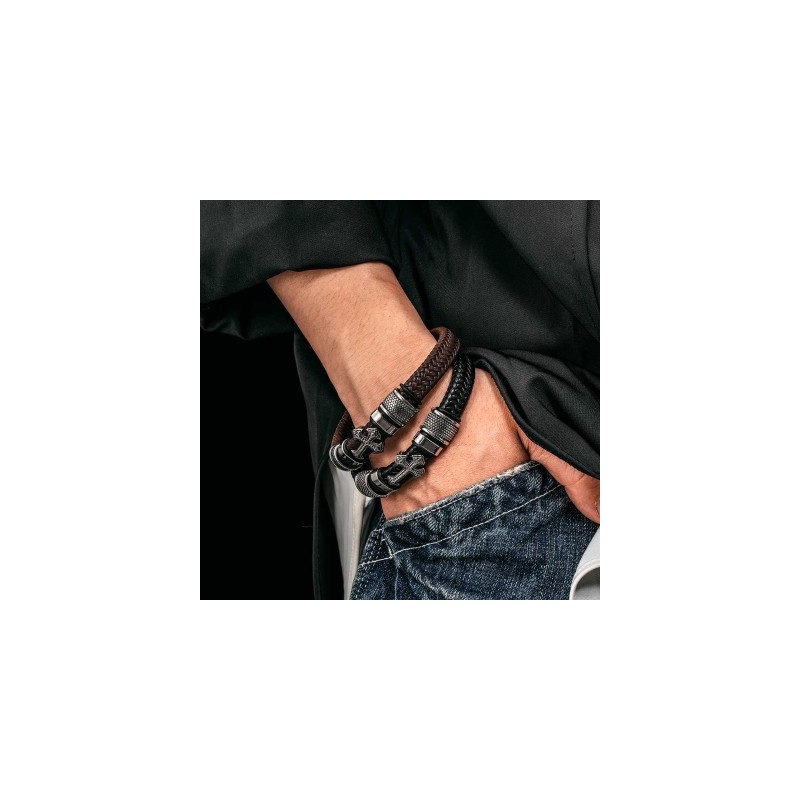 Helloice Pulsera de cuero trenzada para hombre con cruz de acero inoxidable y cierre magnético