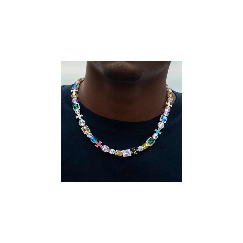 Helloice Collar con cruz esmaltada de diamantes multicolores de 10 mm en oro