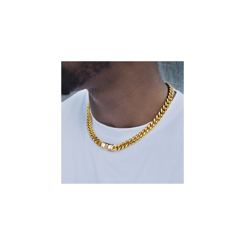 Helloice 10mm 20" Cadena Cubana con Letra Inicial de Miami en Chapado en Oro de 18K