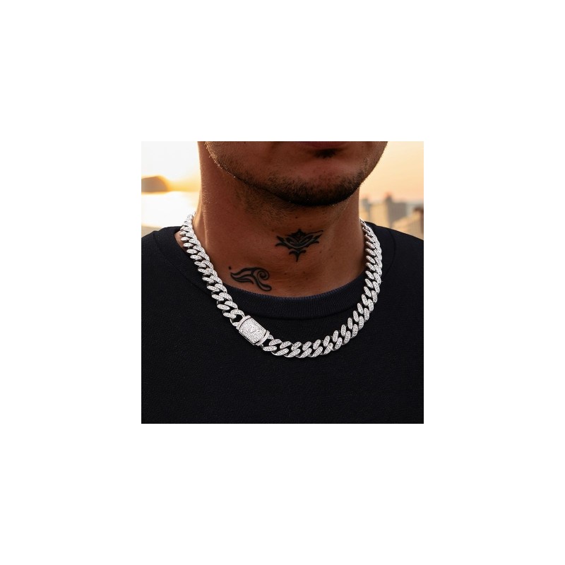 Helloice 12mm 20" Cadena Cubana Miami con Letras Iniciales de Diamantes en Oro Blanco