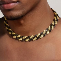 Helloice Cadena cubana de dos tonos con diamantes negros y amarillos helados de 15 mm