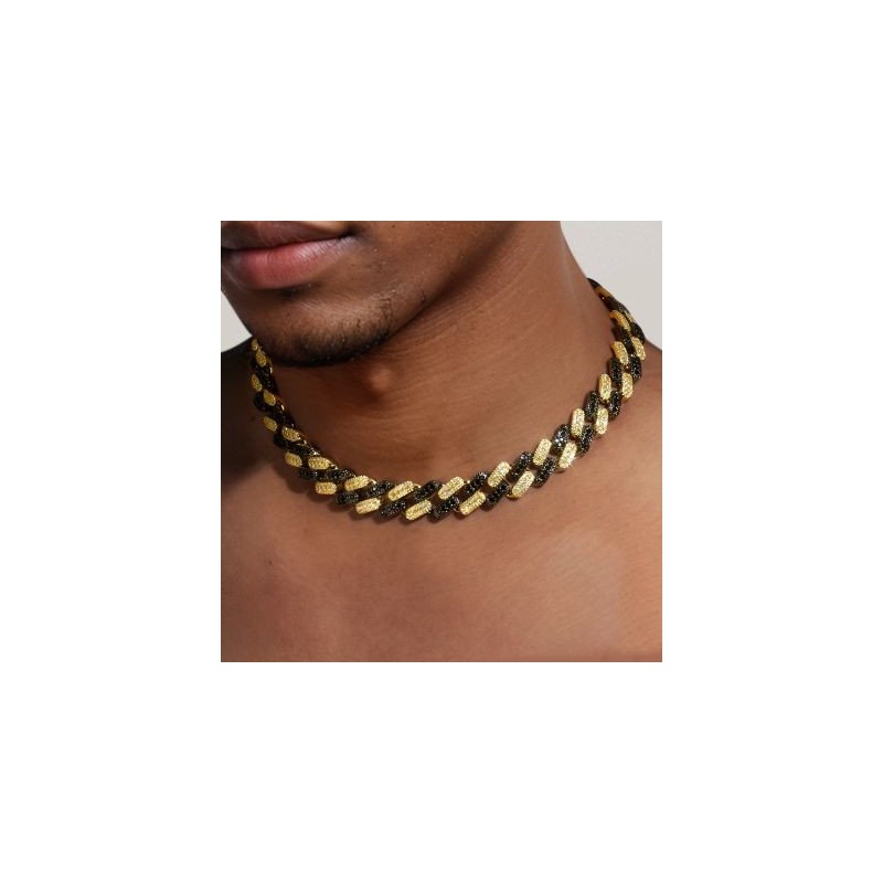 Helloice Cadena cubana de dos tonos con diamantes negros y amarillos helados de 15 mm