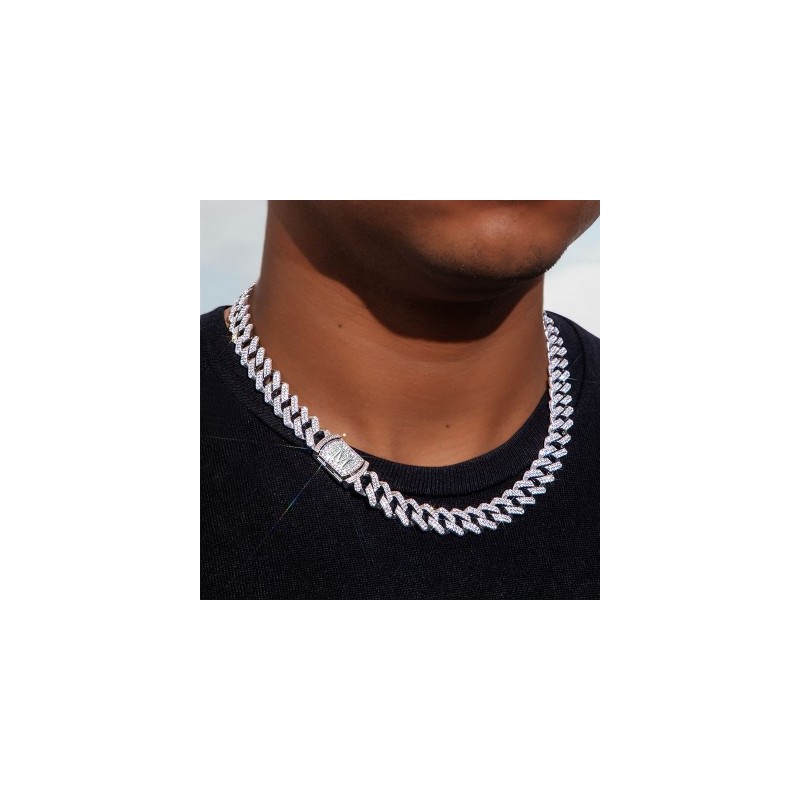 Helloice 12mm 20" Cadena Cubana de Oro Blanco con Pedrería y Letra de la Inicial