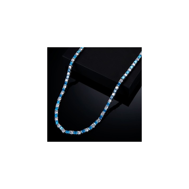 Helloice Cadena Tennis con piedras de corte baguette azul de 5 mm en oro blanco