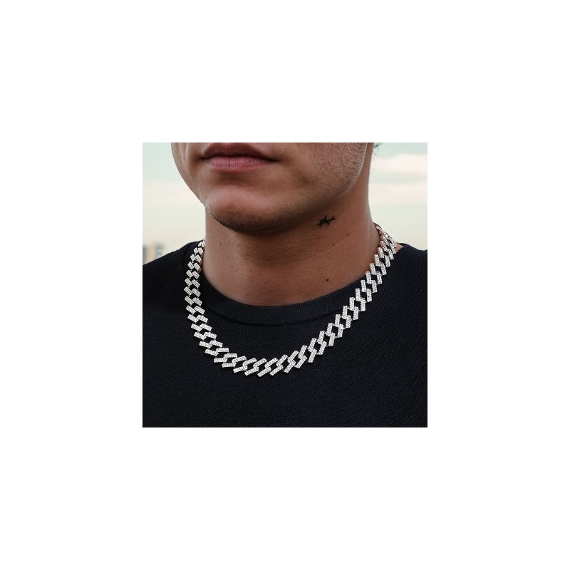 Helloice Cadena cubana con punta helada de 14 mm en oro blanco