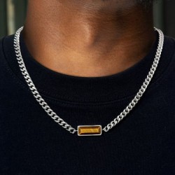 Helloice Cadena cubana de acero inoxidable con piedra natural de 5 mm - Ojo de tigre amarillo/Lapislázuli/Zirconia cúbica negra