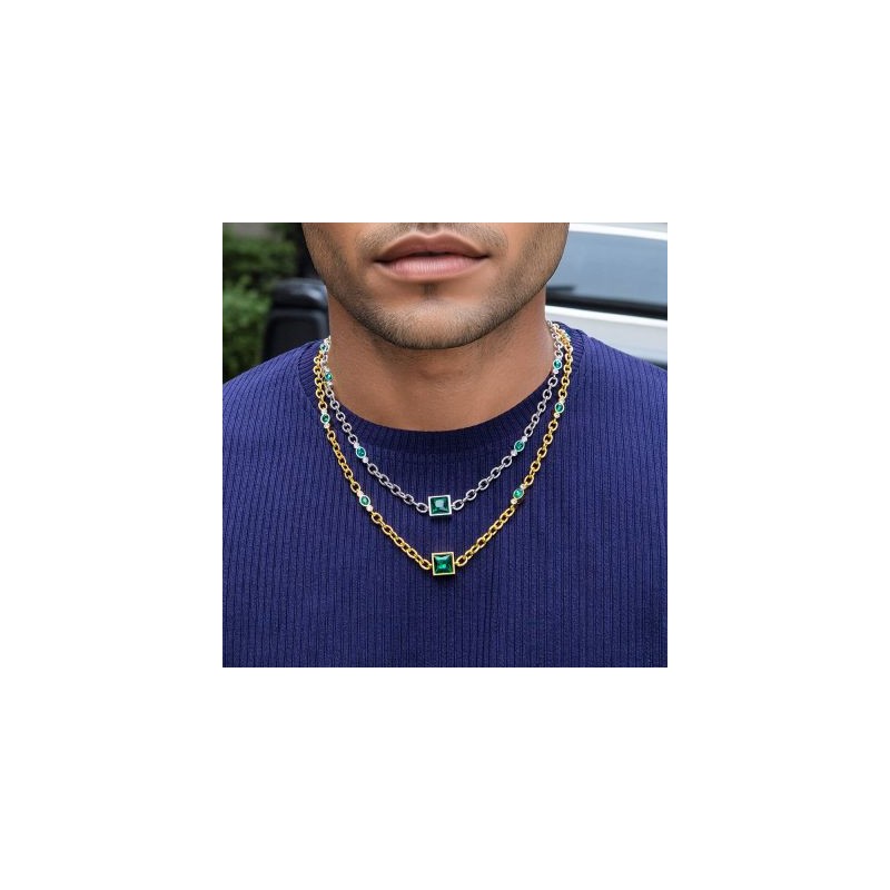 Helloice Collar de diamantes de talla princesa y talla ovalada de color verde esmeralda