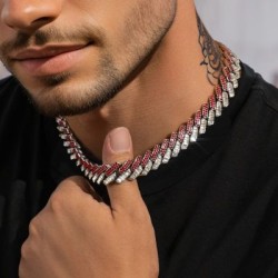 Helloice Collar cubano de diamantes rojos de talla baguette de 15 mm