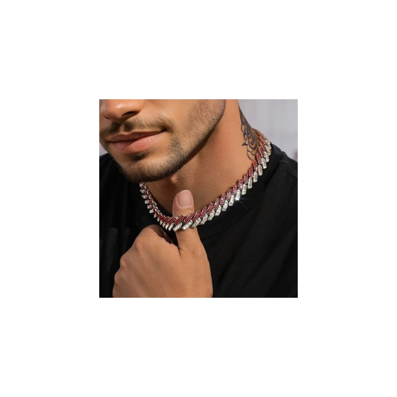 Helloice Collar cubano de diamantes rojos de talla baguette de 15 mm