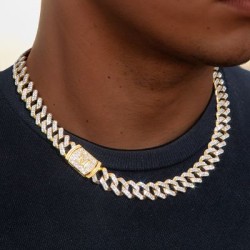 Helloice 12mm 20" Cadena Cubana con Dije de Diamantes con Letra Inicial en Oro