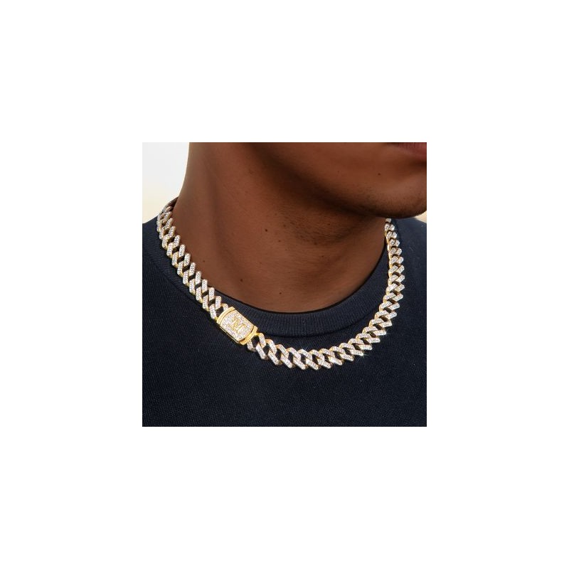 Helloice 12mm 20" Cadena Cubana con Dije de Diamantes con Letra Inicial en Oro