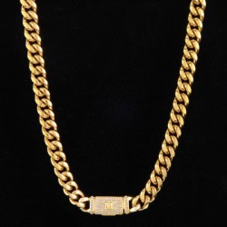 Helloice 10mm 20" Cadena Cubana de Acero Inoxidable con Letra Inicial Diamante bañada en Oro de 18K