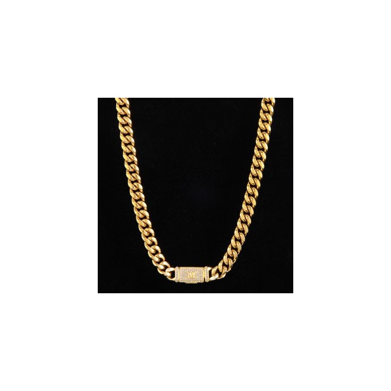 Helloice 10mm 20" Cadena Cubana de Acero Inoxidable con Letra Inicial Diamante bañada en Oro de 18K