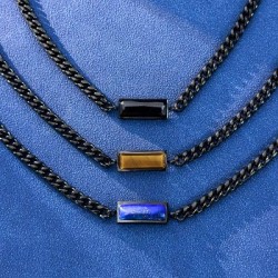 Helloice Cadena cubana de acero inoxidable con piedra natural de 5 mm en oro negro - Ojo de tigre amarillo/Lapislázuli/Zirconia 