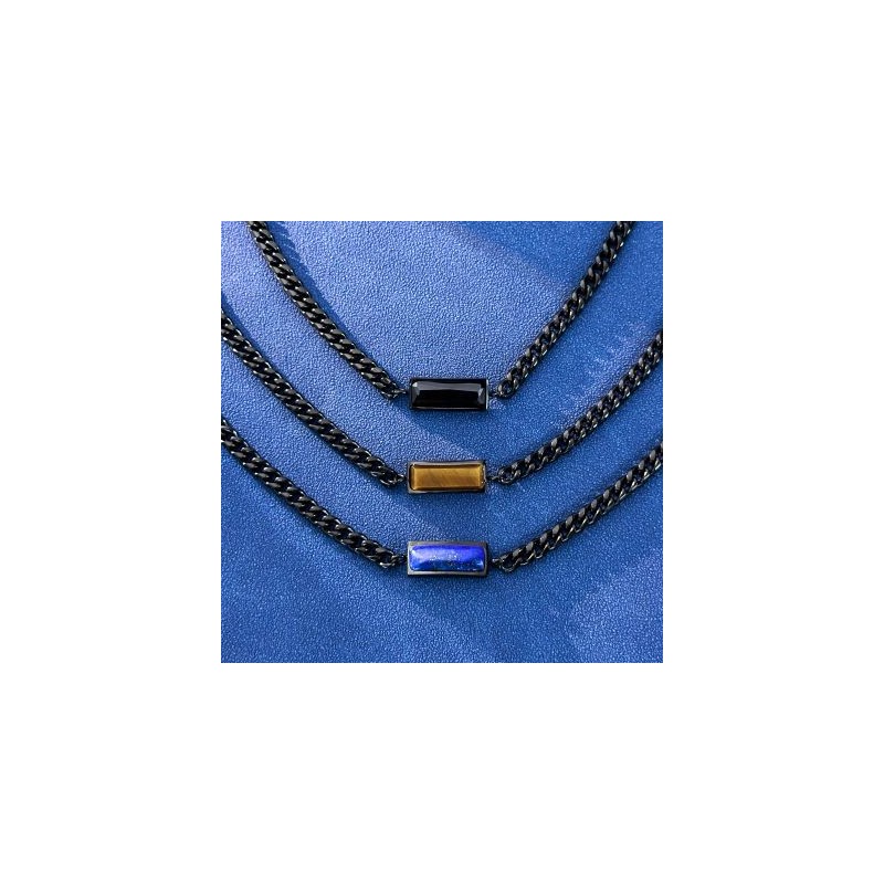 Helloice Cadena cubana de acero inoxidable con piedra natural de 5 mm en oro negro - Ojo de tigre amarillo/Lapislázuli/Zirconia 
