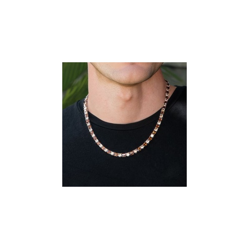 Helloice Cadena tipo tenis con piedras redondas y baguette color café de 5 mm en oro blanco