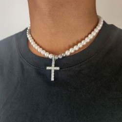Helloice Collar con colgante de cruz de perlas de 8 mm