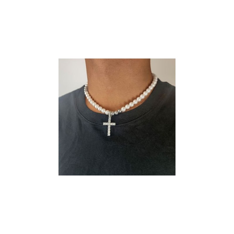 Helloice Collar con colgante de cruz de perlas de 8 mm