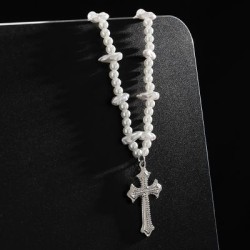 Helloice Collar de cuentas de acero y perlas cruzadas