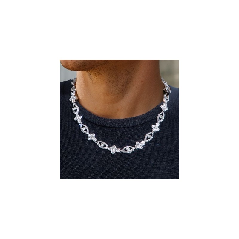 Helloice Cruz de Diamantes Redondos con Cadena Evil Eyes en Oro Blanco