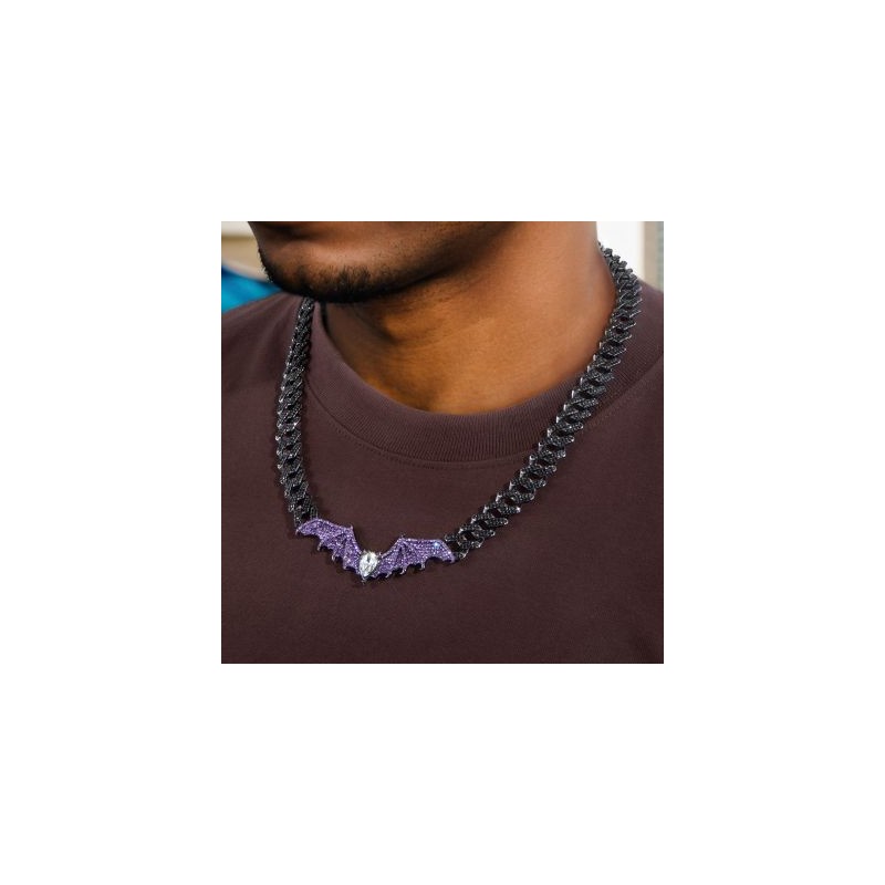 Helloice Cadena cubana con punta de murciélago morada en oro negro