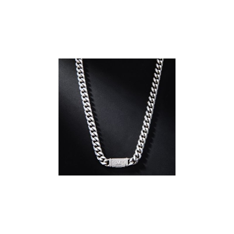 Helloice 10mm 20" Cadena Cubana de Acero Inoxidable con Letra Inicial Diamante bañada en Oro Blanco de 18K