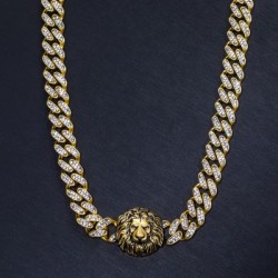 Helloice Collar de Cadena Cubana con Cabeza de León con Diamantes