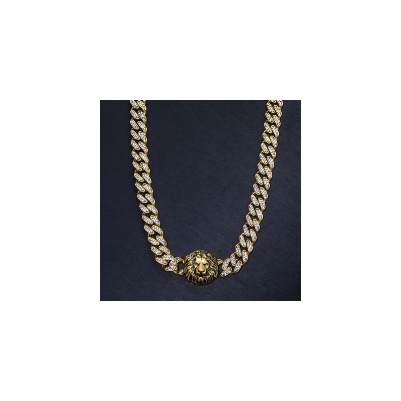 Helloice Collar de Cadena Cubana con Cabeza de León con Diamantes