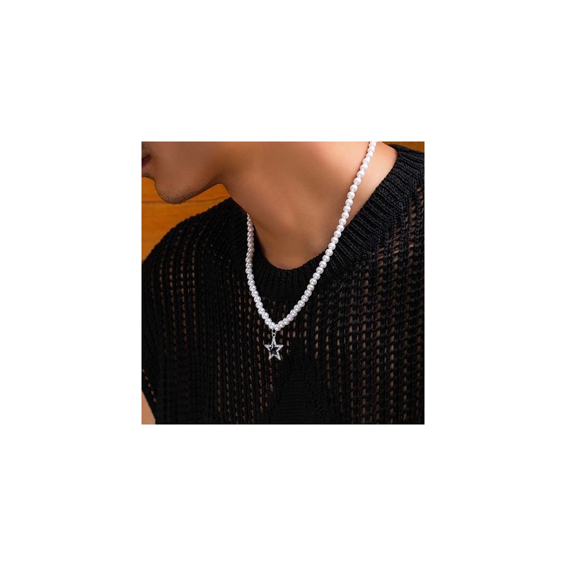 Helloice Collar de perlas de pentagrama helado