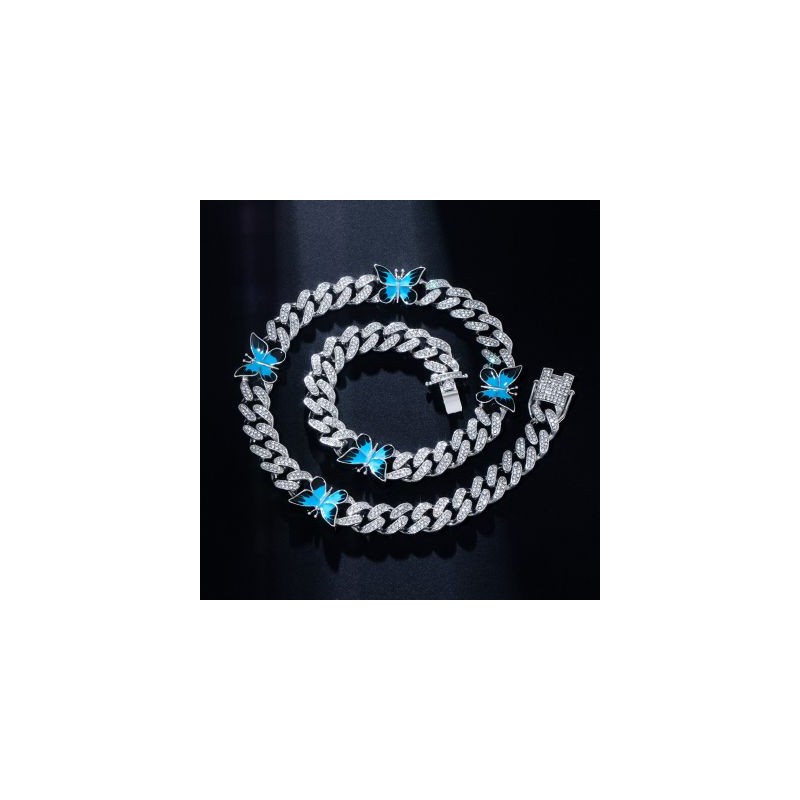 Helloice Cadena cubana helada de 12 mm con forma de mariposa en oro blanco