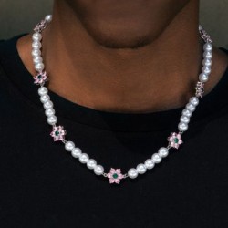 Helloice Collar de perlas de flor rosa de 8 mm