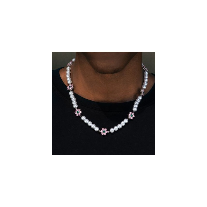 Helloice Collar de perlas de flor rosa de 8 mm
