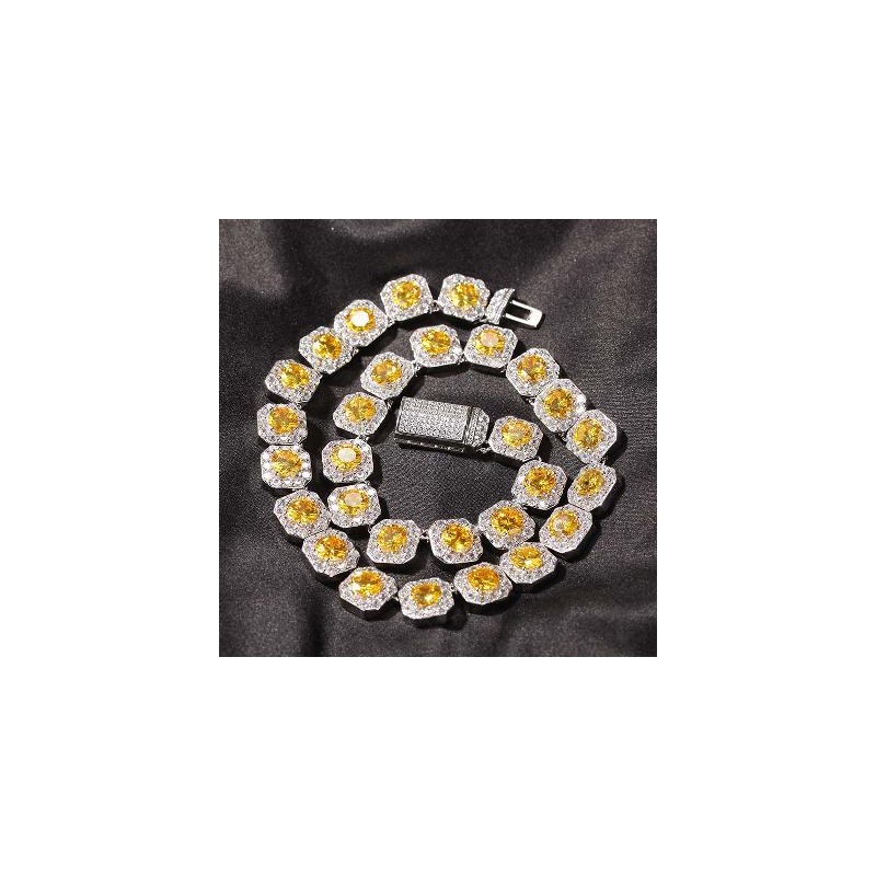 Helloice Cadena de tenis agrupada en forma de auricular amarilla de 12 mm en oro blanco