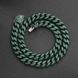 Helloice Cadena cubana con micropavé de esmeralda de 12 mm en oro negro
