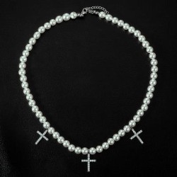 Helloice Collar de perlas con colgante de cruz helada