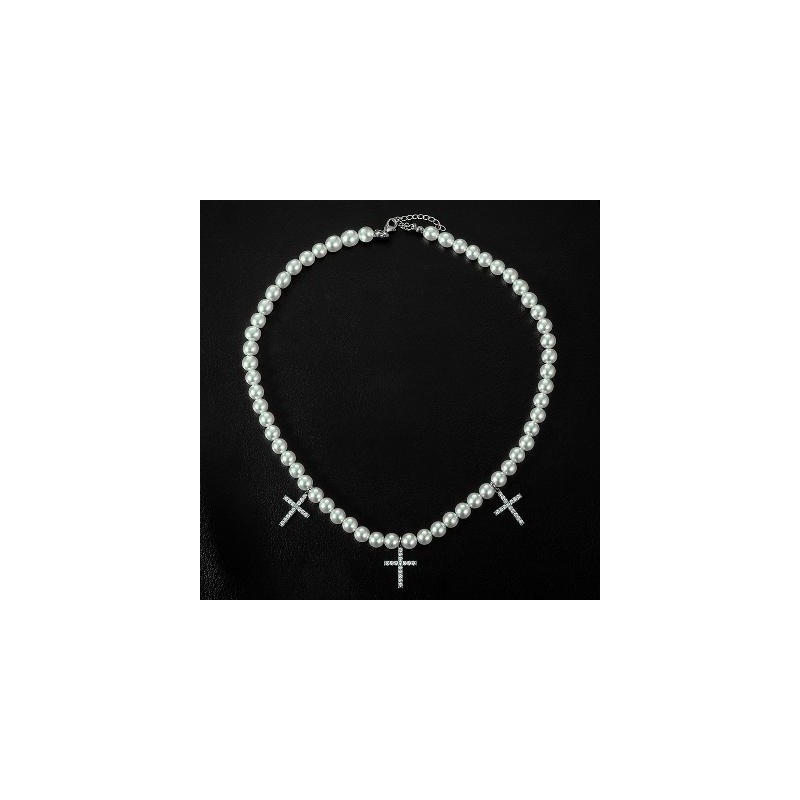 Helloice Collar de perlas con colgante de cruz helada