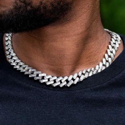 Helloice Cadena cubana con cierre de caja y talla baguette de 14 mm en oro blanco