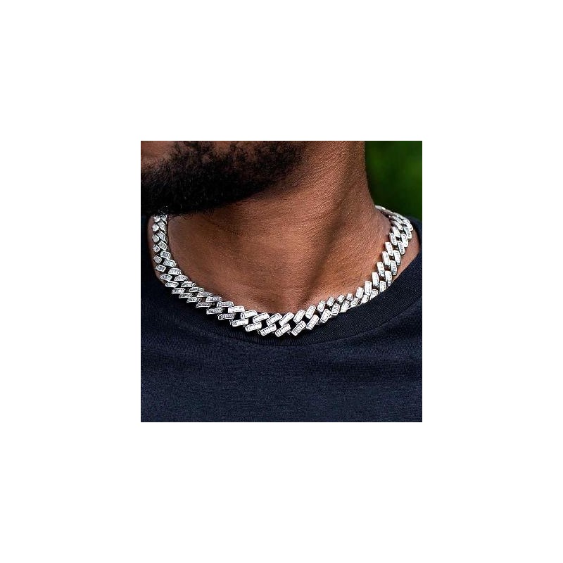 Helloice Cadena cubana con cierre de caja y talla baguette de 14 mm en oro blanco