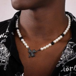 Helloice Collar de perlas de tres hojas con piedras negras heladas