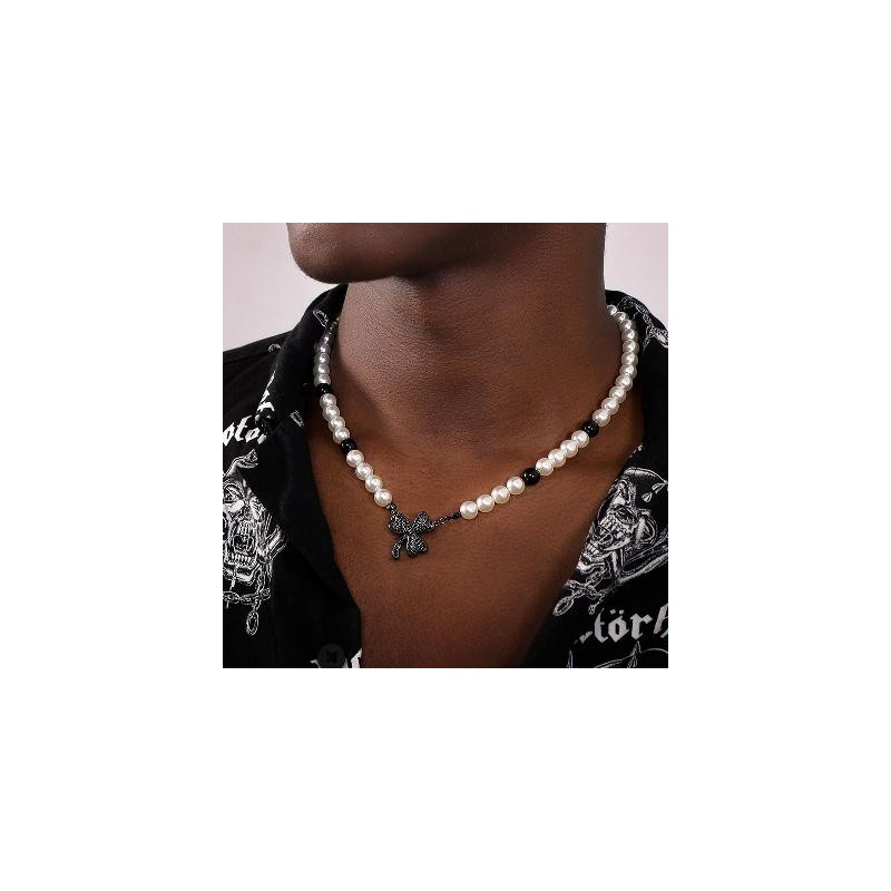 Helloice Collar de perlas de tres hojas con piedras negras heladas