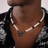 Helloice Collar de perlas de tres hojas con piedras negras heladas